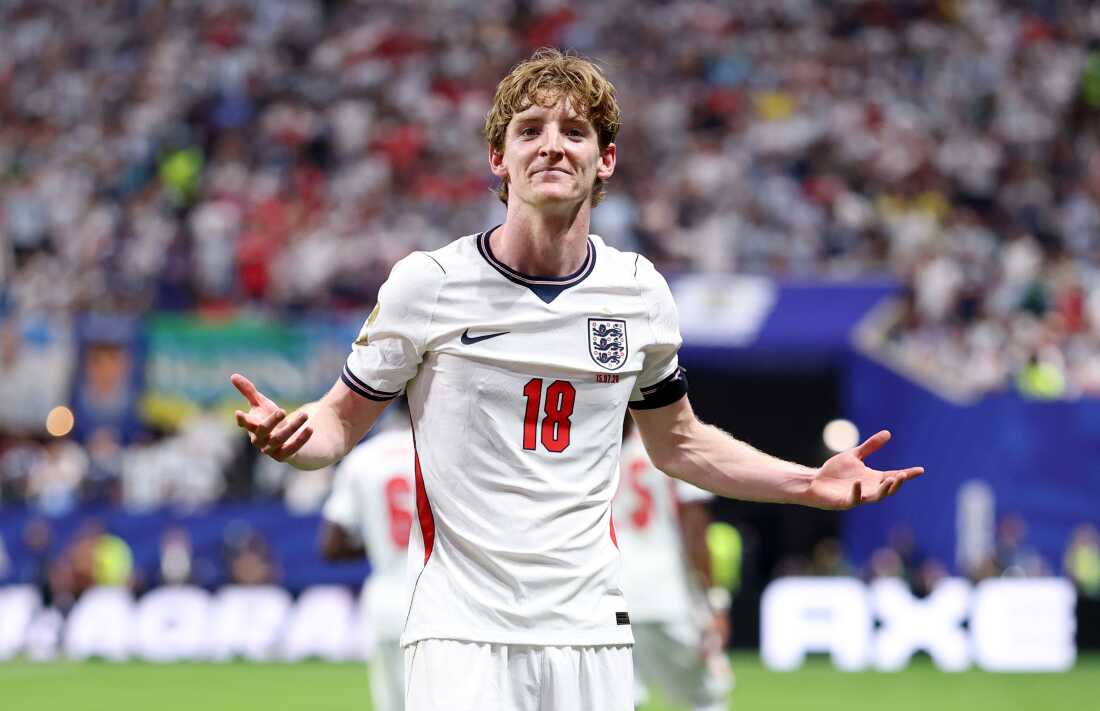 England's Anthony Gordon celebrates scoring his team's first goal during the World Cup semifinal against Argentina on Wednesday in Atlanta.