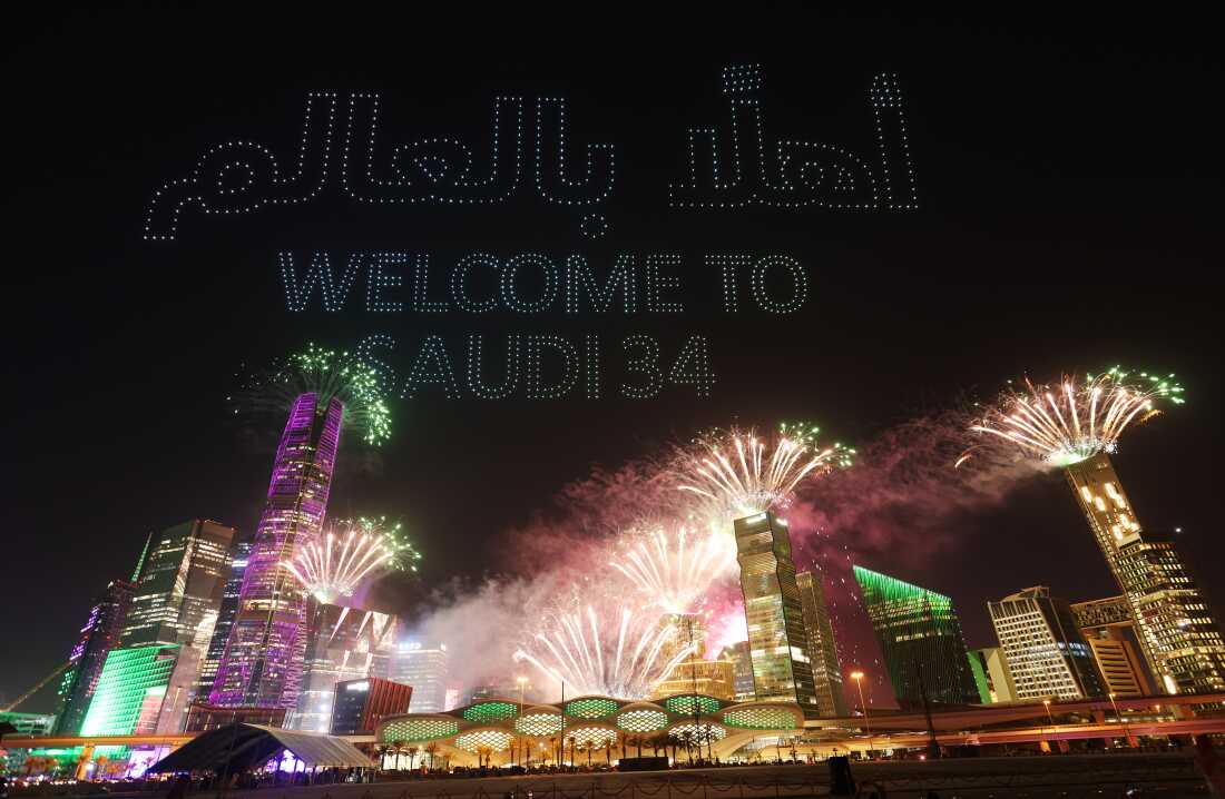 A drone show is seen displaying the words "Welcome to Saudi 34" as Saudi Arabia is announced as the host nation for the 2034 World Cup on Dec. 11, 2024, in Riyadh, Saudi Arabia.