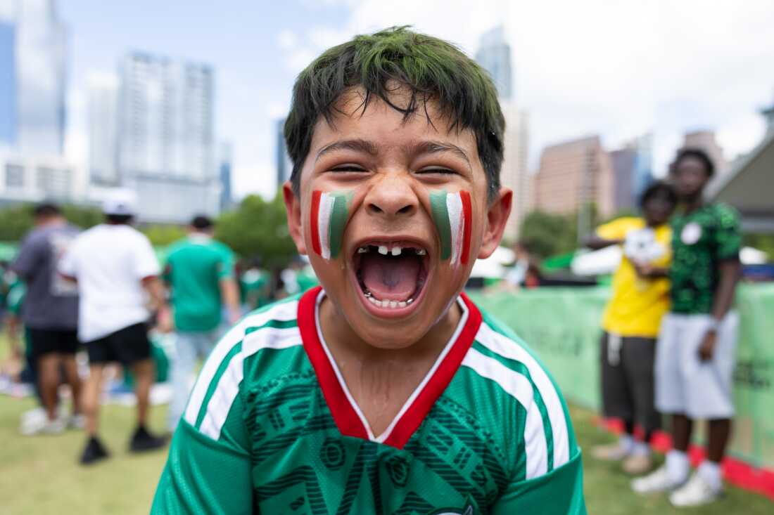 Nehemiah, 6, screams for the Mexico team during halftime at Auditorium Shores during Austin FC’s FIFA World Cup watch party for Mexico and South Africa on Thursday, June 11.