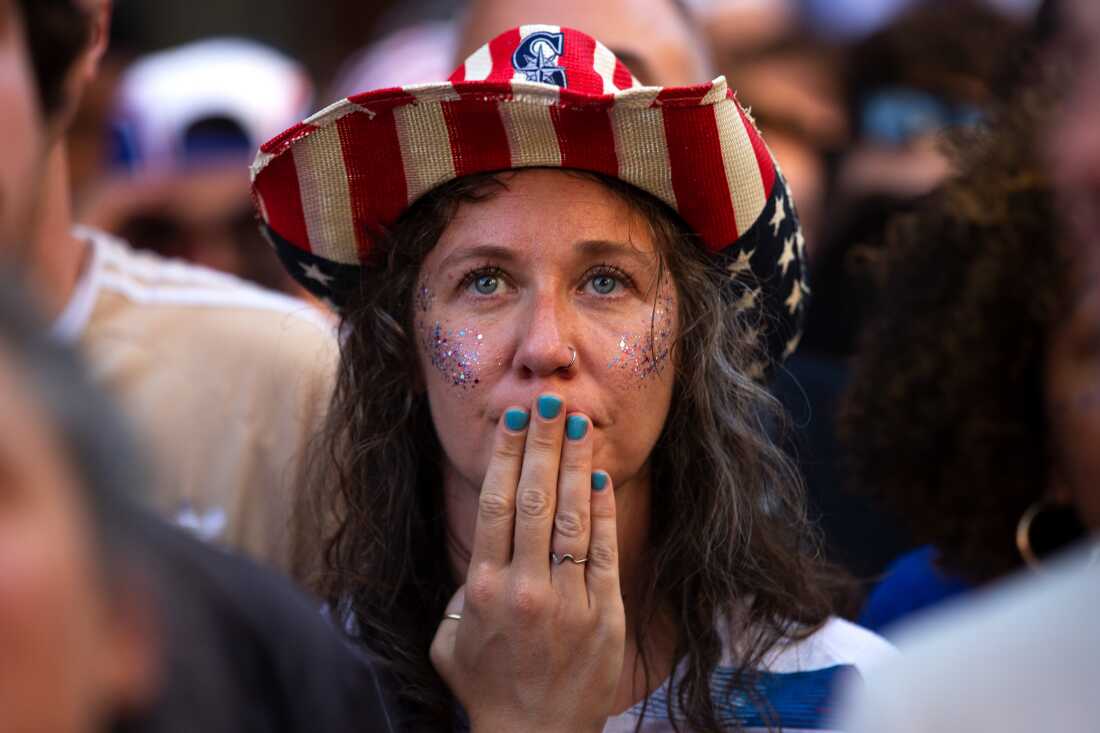 Hannah Bourne, of Edmonds, Wash., reacts during the second half of the FIFA World Cup knockout-round match between the U.S. and Belgium during a watch party on Monday, July 6, at Occidental Square in Seattle’s Pioneer Square neighborhood. The U.S. lost to Belgium 4-1.