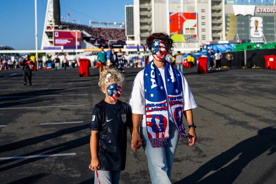 Brenda Moss and her daughter, Rome, 8, leave the FIFA World Cup match between the United States and Bosnia and Herzegovina at San Francisco Bay Area Stadium in Santa Clara, Calif., on Wednesday, July 1. 