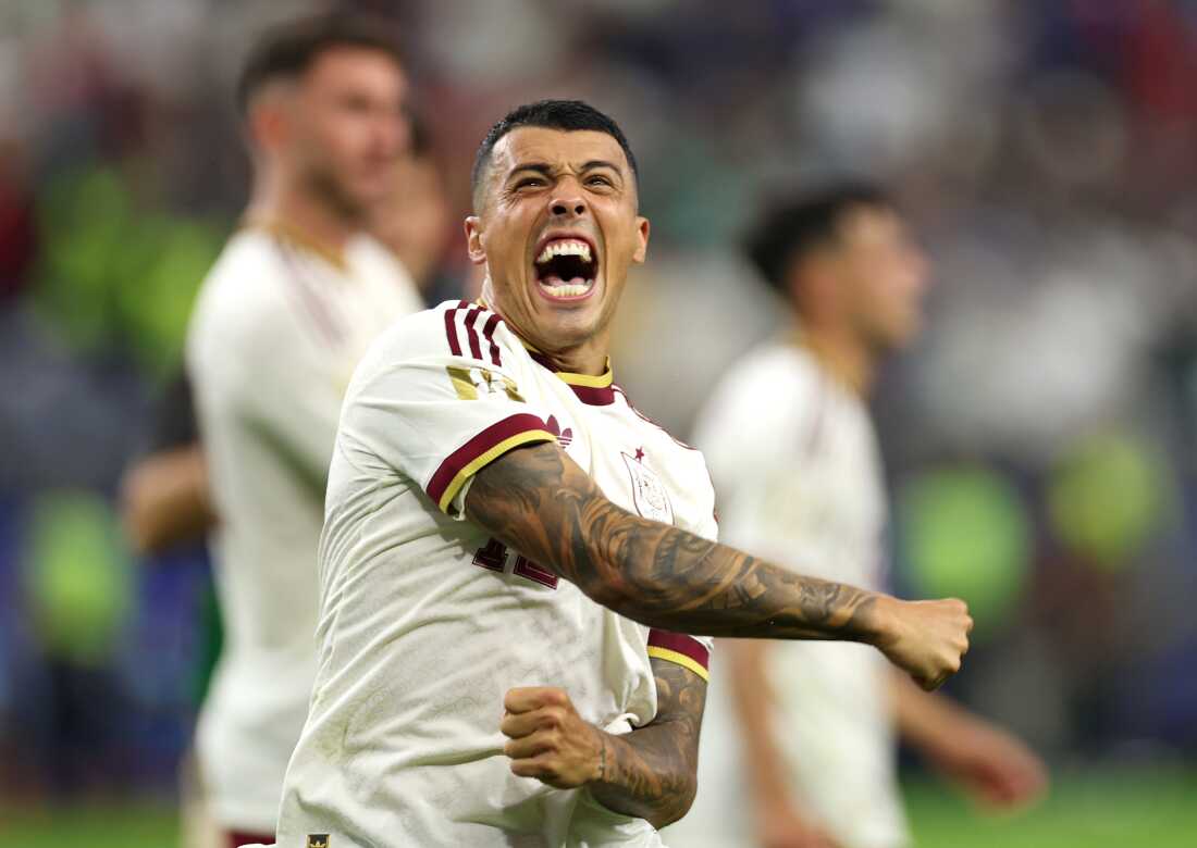 Pedro Porro #12 of Spain celebrates after the 2-0 victory during the FIFA World Cup 2026 Semi Final match between France and Spain at Dallas Stadium on July 14, 2026 in Arlington, Texas.