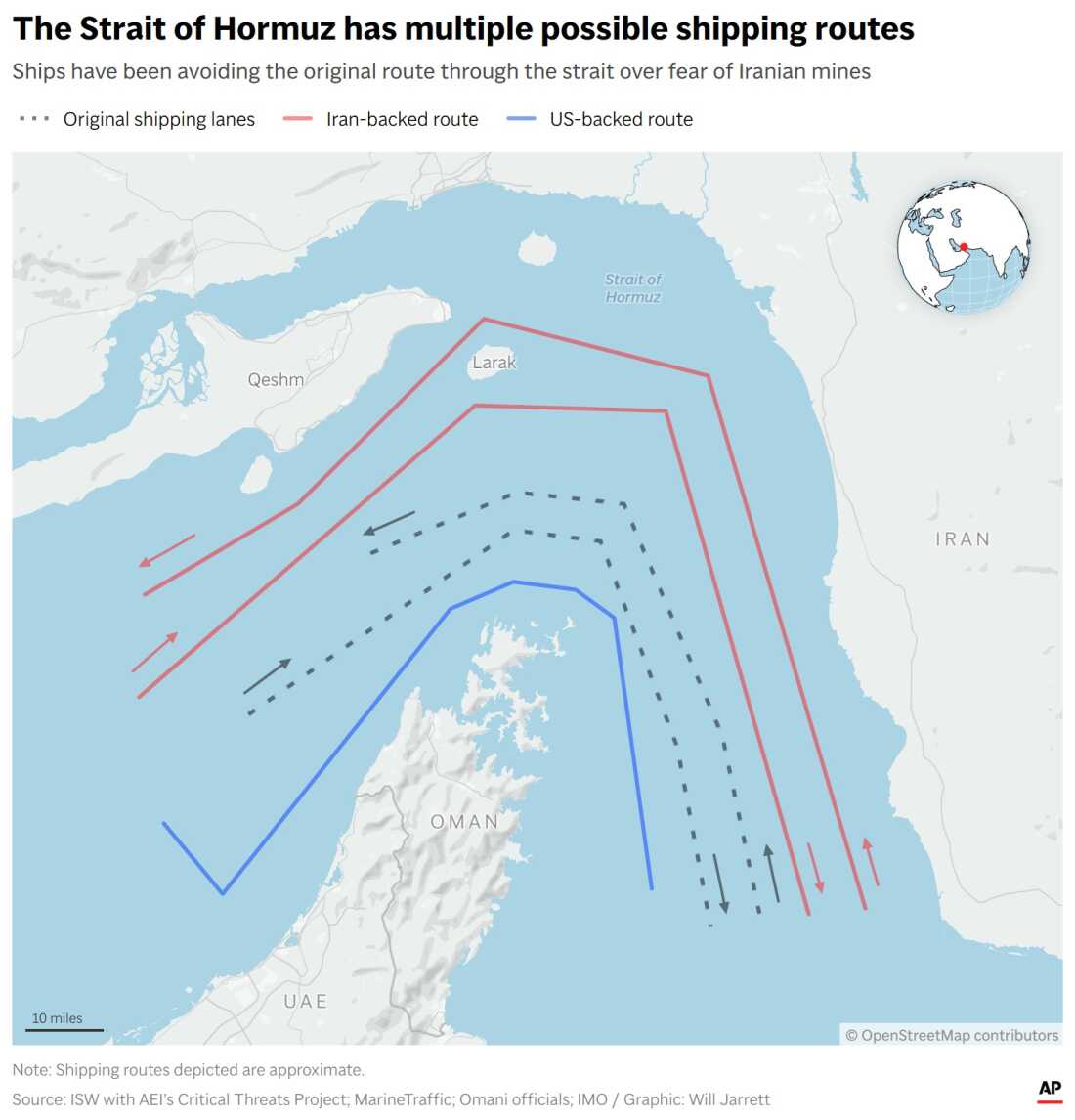 Map showing multiple possible shipping routes through the Strait of Hormuz.