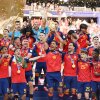 Rodri, #16 of Spain, lifts the FIFA World Cup Winner’s Trophy after the team’s 1-0 victory over Argentina in the final at MetLife Stadium in East Rutherford, N.J. on Sunday. It was Spain's second World Cup title.