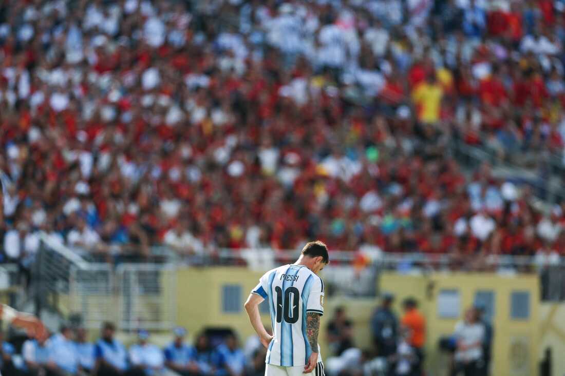 Argentina's forward Lionel Messi reacts during the 2026 World Cup final loss against Spain. This is likely Messi's final World Cup game.