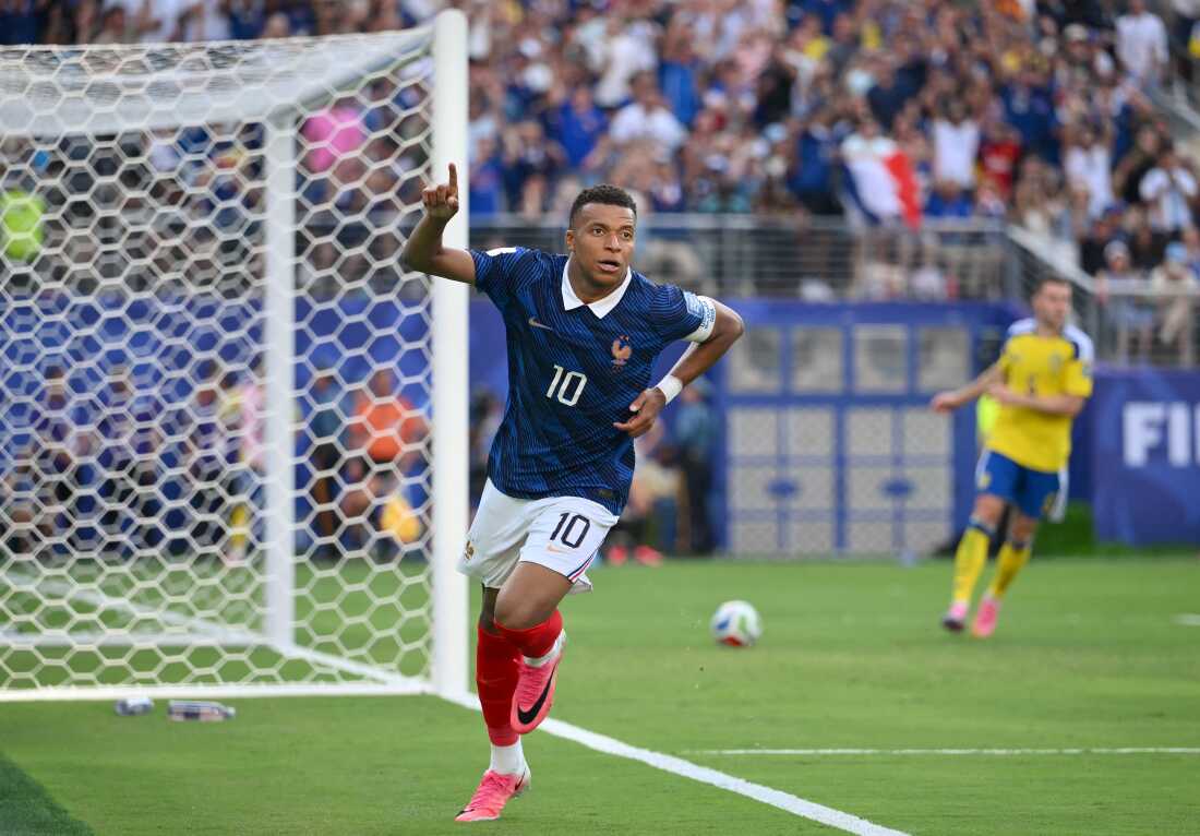 France's forward Kylian Mbappé celebrates scoring a goal against Sweden in a round of 32 match. Mbappé finished the tournament as the Golden Boot winner with 10 goals, increasing his overall World Cup total to 22, the most all-time.