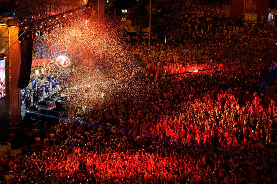 Players from Spain's national soccer team celebrate at Cibeles Square in Madrid on Monday, July 20, 2026, after Spain defeated Argentina in the World Cup final in East Rutherford, N.J., near New York.