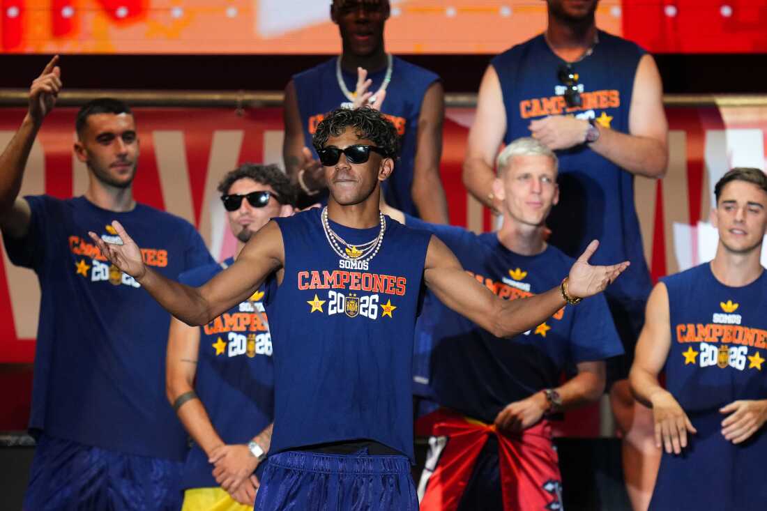 Spain's Lamine Yamal reacts during celebrations with his national team teammates at Cibeles Square in Madrid on Monday, July 20, 2026, after Spain defeated Argentina in the World Cup final in East Rutherford, N.J., near New York.