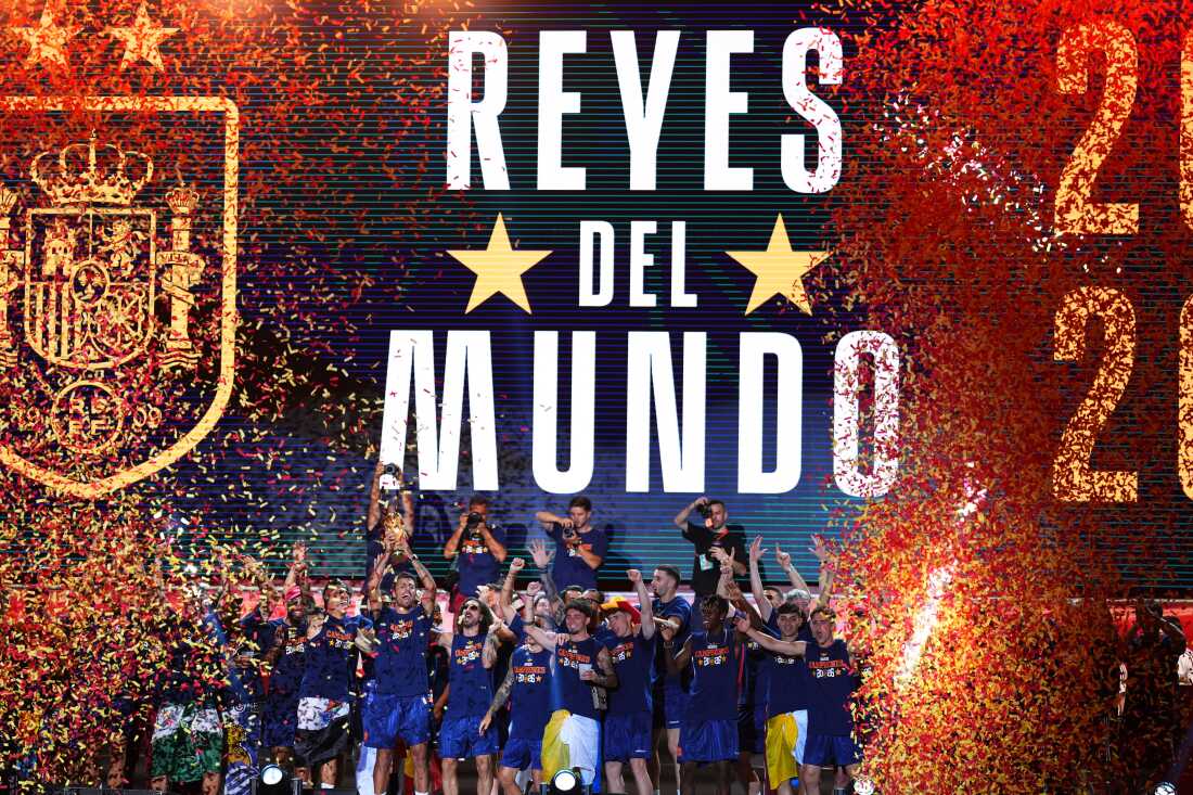 Players from Spain's national soccer team celebrate at Cibeles Square in Madrid on Monday, July 20, 2026, after Spain defeated Argentina in the World Cup final in East Rutherford, N.J., near New York.