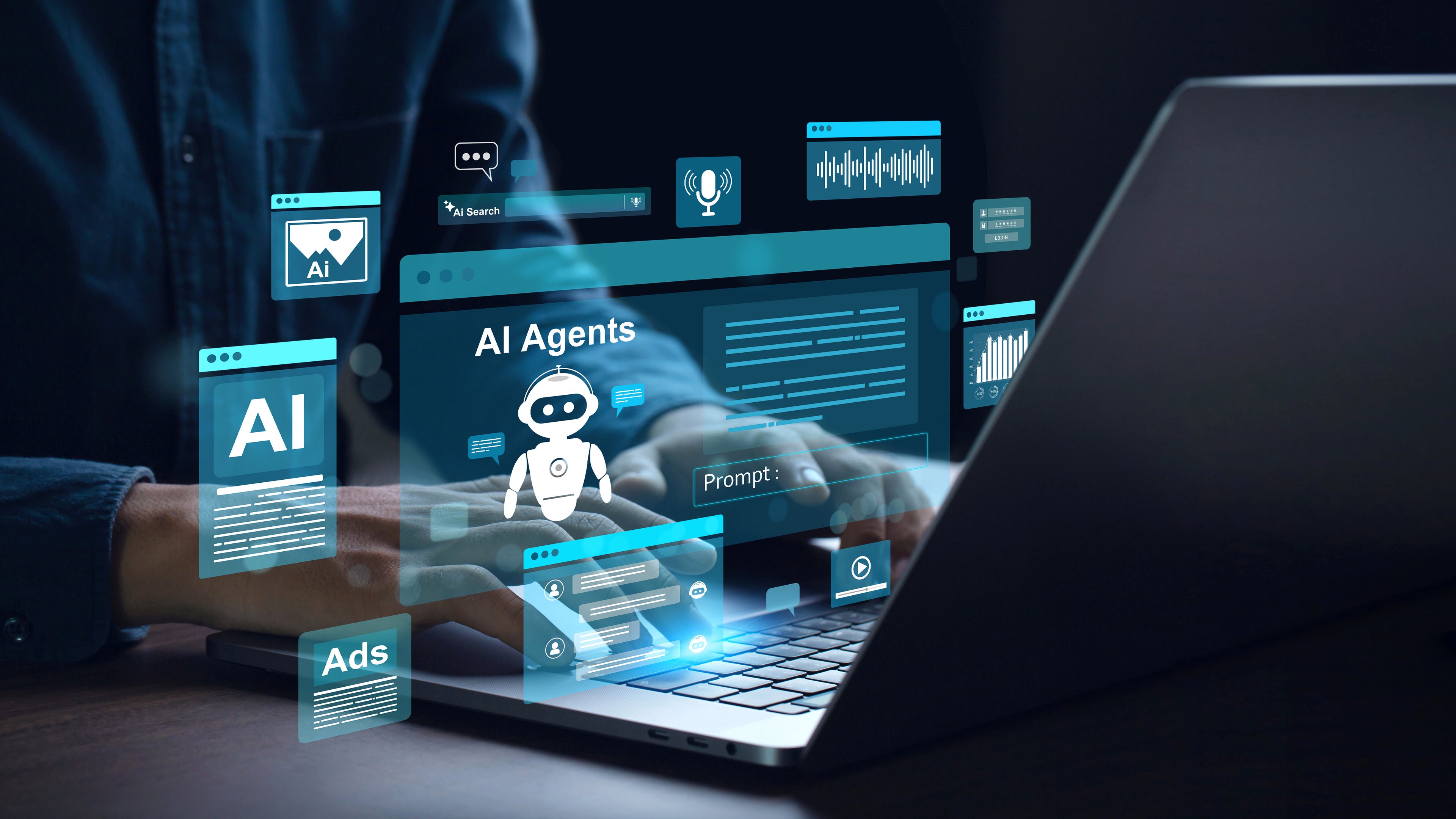 AI-related icons hover above an open laptop.