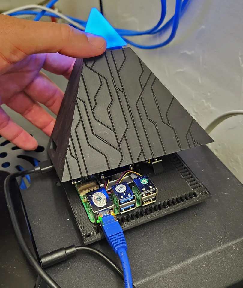 Like every other Raspberry Pi, you've got Ethernet and USB ports. The pyramid case doesn't expose any of those. Only the two micro HDMI plugs and the power plug.