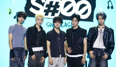 From left, members of K-pop boy band The Wind Choi Han-bin, Jang Hyoun-joon, An Chan-won, Thanatorn and Park Hayuchan pose during a press event at Ilchi Art Hall in Seoul