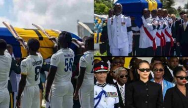 (Left) Barbados Cricket Association players perform a guard of honour at the state funeral ceremony of Sir Garry Sobers; (top right) pallbearers carry            in the coffin at the Kensington Oval on Wednesday; singer and Barbadian icon Rihanna (centre, above right) was among the guests in attendance.