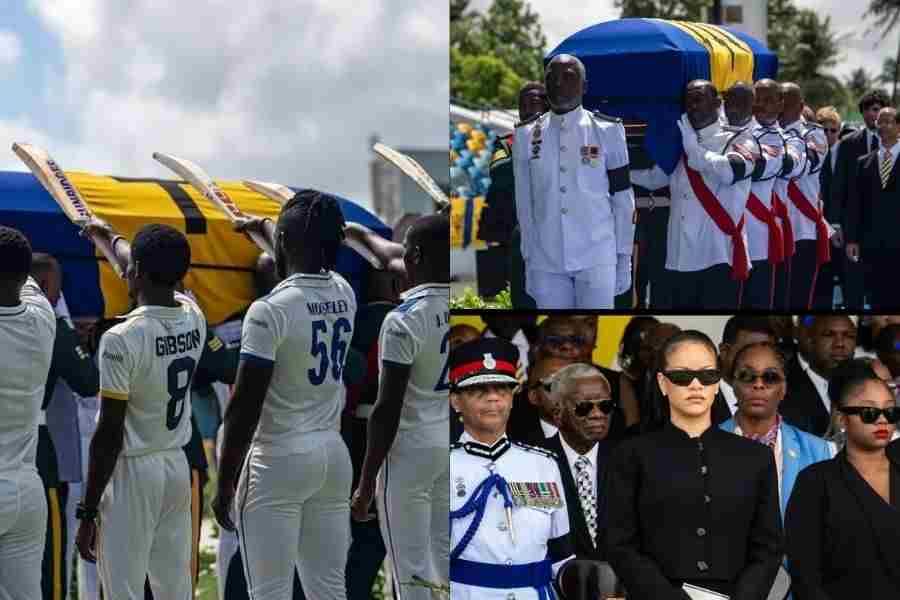 (Left) Barbados Cricket Association players perform a guard of honour at the state funeral ceremony of Sir Garry Sobers; (top right) pallbearers carry            in the coffin at the Kensington Oval on Wednesday; singer and Barbadian icon Rihanna (centre, above right) was among the guests in attendance.