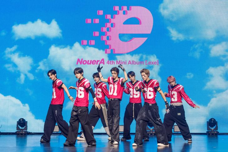 K-pop boy band NouerA performs the group's new lead single, '.exe,' during a press event at Yes24 Live Hall in Seoul's Gwangjin District, Monday. Courtesy of Nouer Entertainment