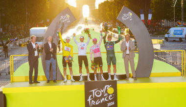 Tadej Pogačar, winner of the 113th Tour de France, receives crystal trophy created by Škoda Design