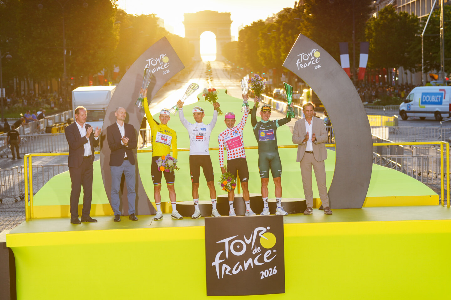 Tadej Pogačar, winner of the 113th Tour de France, receives crystal trophy created by Škoda Design