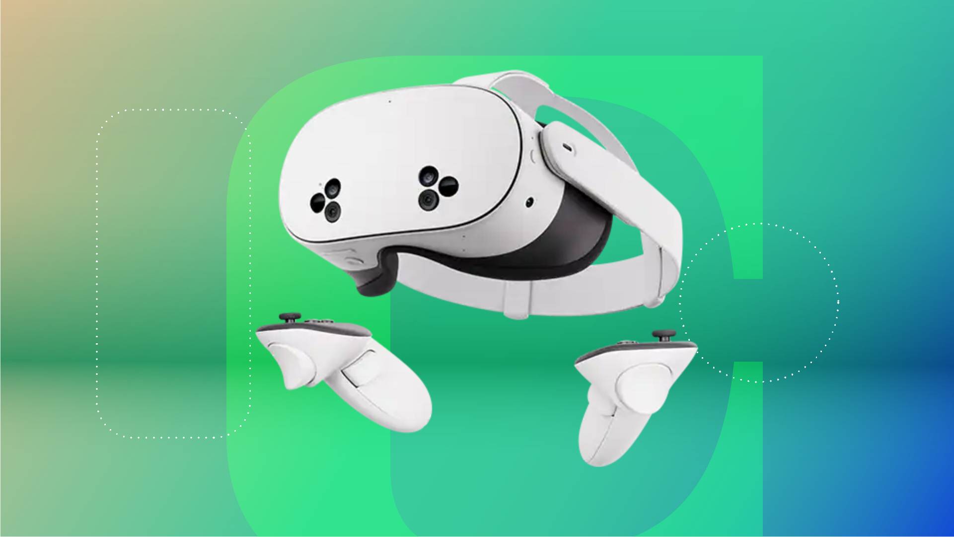 A white VR headset and controllers against a green gradient CNET background.