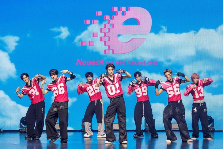 K-pop boy band NouerA performs the group's new lead single, '.exe,' during a press event at Yes24 Live Hall in eastern Seoul's Gwangjin District, Monday. Courtesy of Nouer Entertainment
