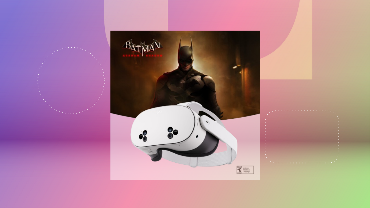 Meta Quest 3S with Batman Arkham Shadow game on a pink gradient
