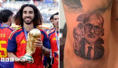 Split picture of Marc Cucurella and a close-up of his Luis de le Fuente tattoo