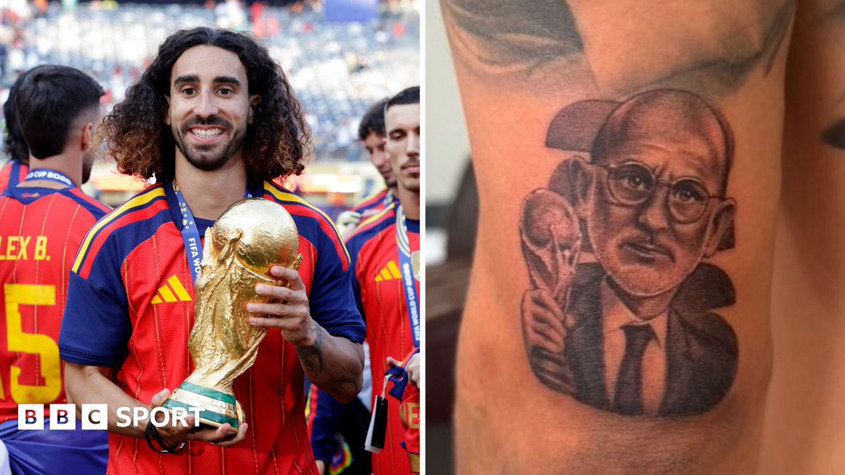 Split picture of Marc Cucurella and a close-up of his Luis de le Fuente tattoo