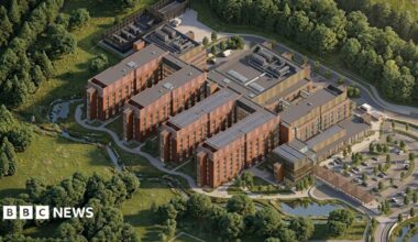 A computer generated image of the new hospital buildings, it is set close to woodland. There is a car park.