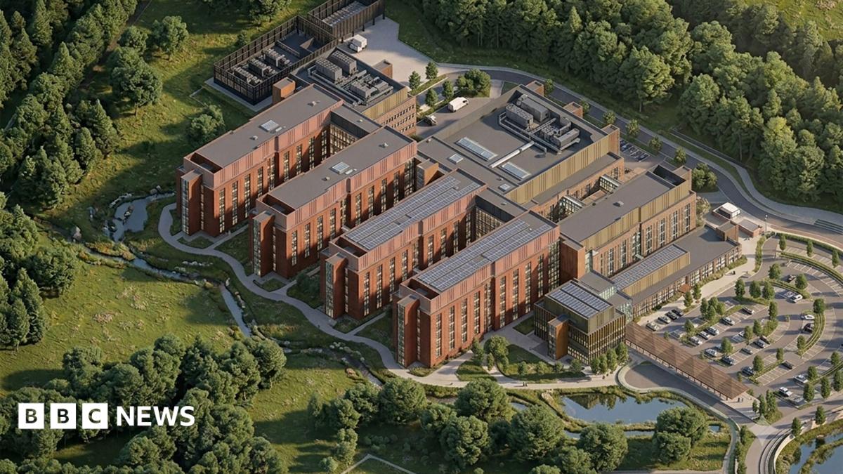 A computer generated image of the new hospital buildings, it is set close to woodland. There is a car park.