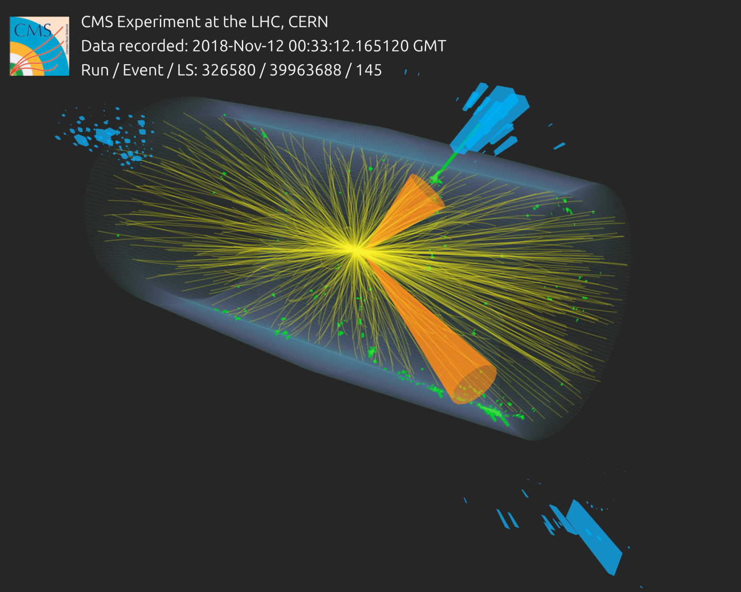 Display of a lead-lead collision, which produced two back-to-back jets, recorded by the CMS experiment. The jets are indicated by the orange cones.