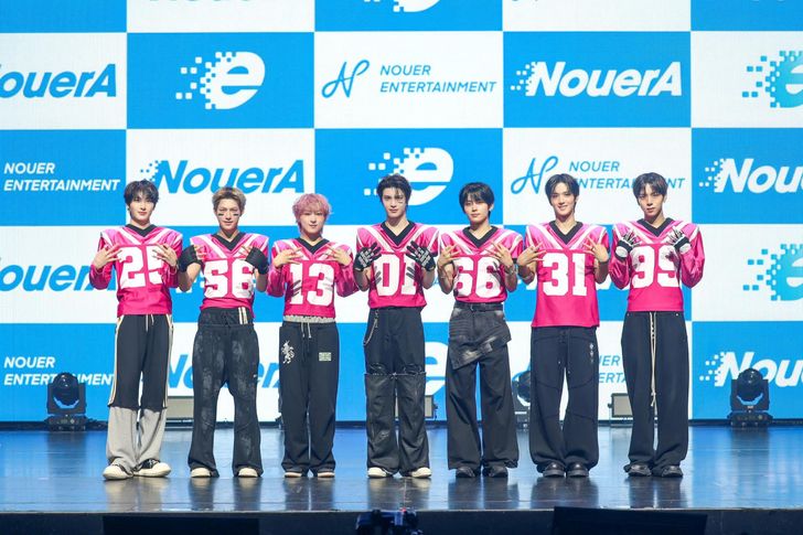 K-pop boy band NouerA poses for a press event at Yes24 Live Hall in Seoul's Gwangjin District, Monday. Courtesy of Nouer Entertainment