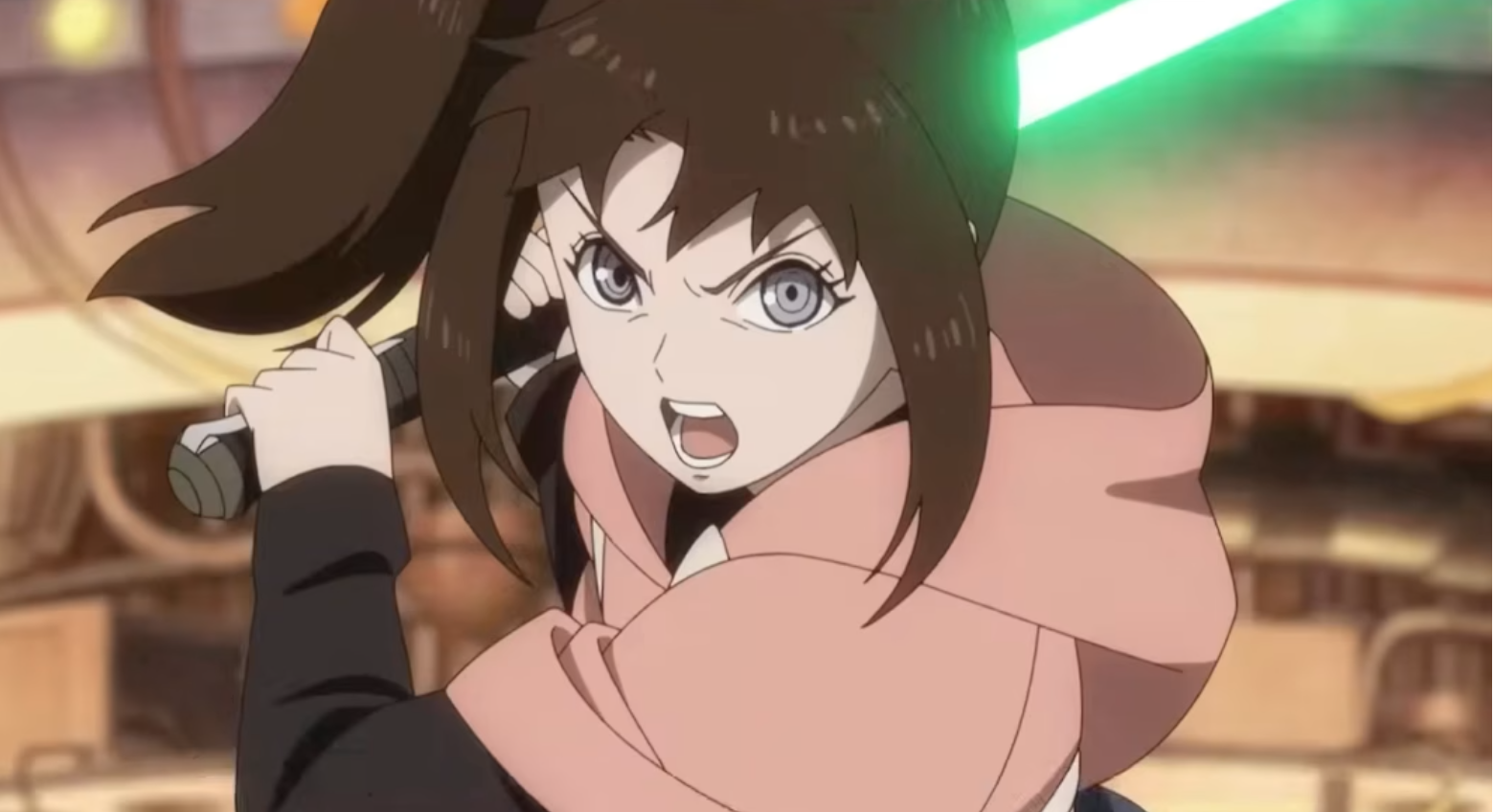 an anime cartoon character holding a lightsaber