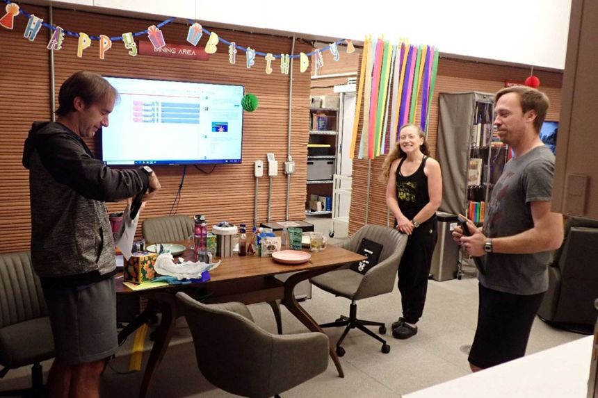 The Mission 1 crew celebrating a team member's birthday during the yearlong simulation.