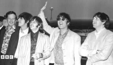 The Beatles and Brian Epstein (far left) arrive back in London in 1966 after their ill-fated tout of Asia