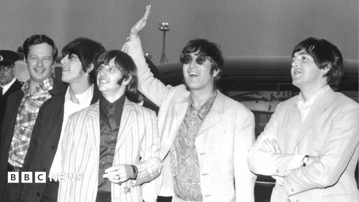 The Beatles and Brian Epstein (far left) arrive back in London in 1966 after their ill-fated tout of Asia