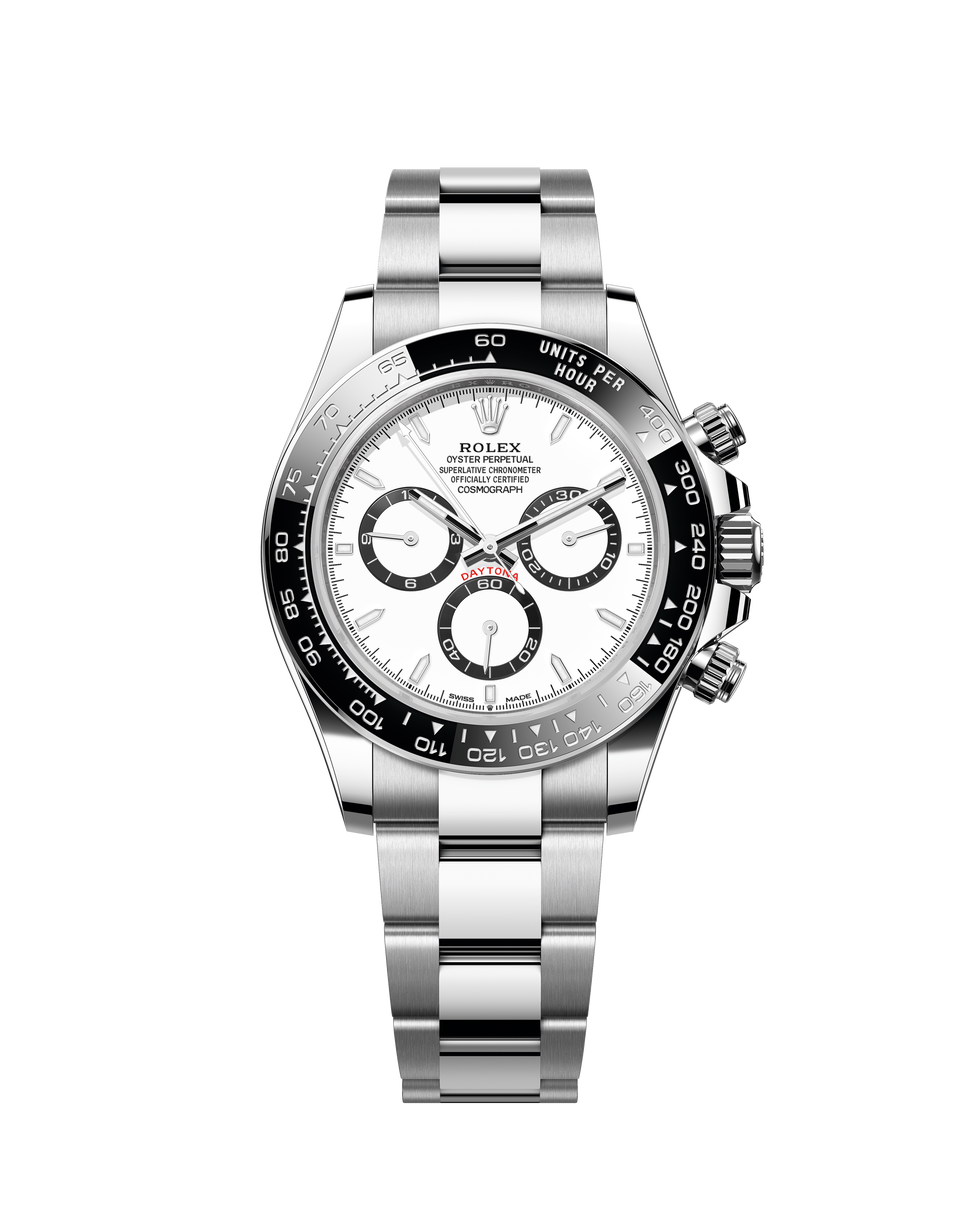 luxury silver chronograph watch with white dial and black bezel