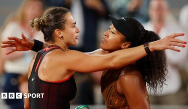 Aryna Sabalenka and Naomi Osaka hug after French Open match