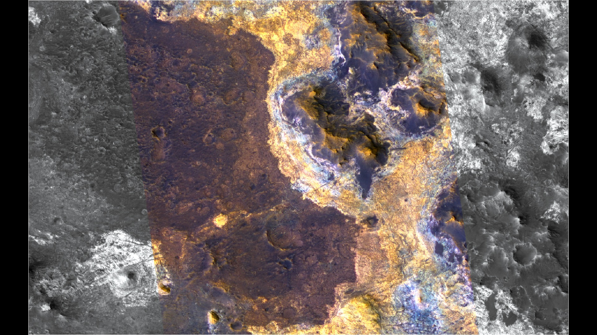 A view of the Mars surface with the left and right sides in black and white and the center in shades of yellow and purple.