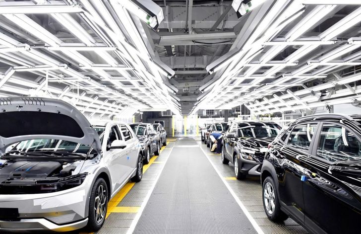 A production line for Hyundai Motor's IONIQ 5 electric vehicle is seen at the carmaker's factory in Ulsan. Courtesy of Hyundai Motor 