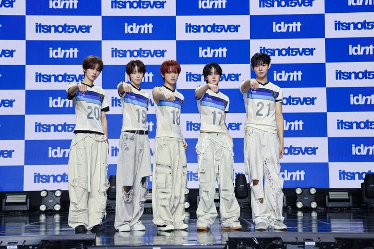 Members of itsnotover, boy band idntt's newest unit, pose during a media showcase at BlueSquare Theater in Seoul's Yongsan District, Monday. Courtesy of Modhaus