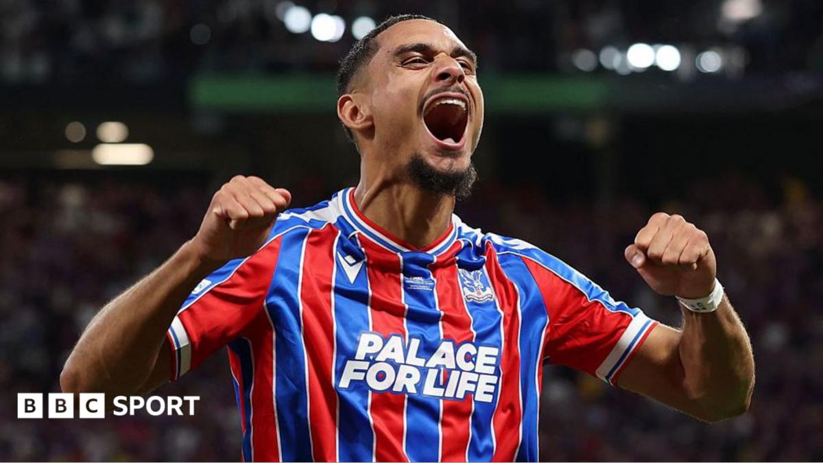 Maxence Lacroix celebrating after Crystal Palace's Europa Conference League final won over Rayo Vallecano.