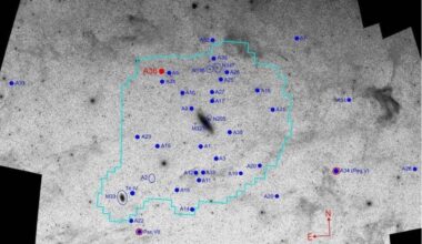 Andromeda XXXVI (And 36) is shown in red in this image. It's one of many dwarf galaxies found around Andromeda, or M31, in the center of the image. And 36 is about 12.5 billion years old and is about 390,000 light years away from Andromeda. Image Credit: Sakowska et al. 2026. A&amp;A.