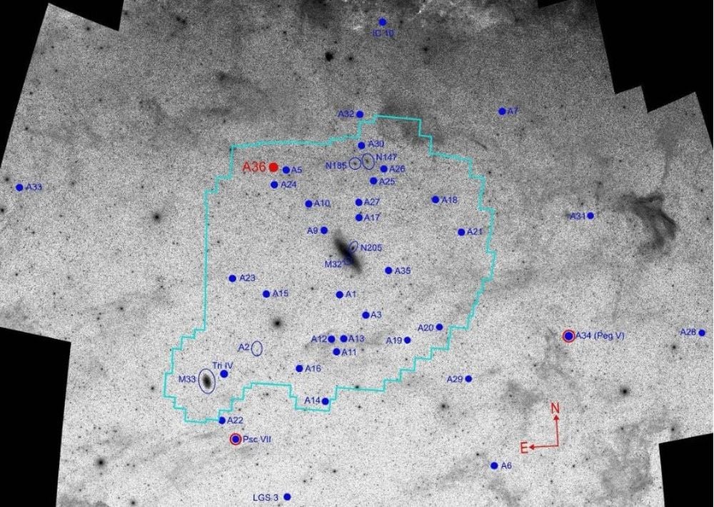 Andromeda XXXVI (And 36) is shown in red in this image. It's one of many dwarf galaxies found around Andromeda, or M31, in the center of the image. And 36 is about 12.5 billion years old and is about 390,000 light years away from Andromeda. Image Credit: Sakowska et al. 2026. A&amp;A.