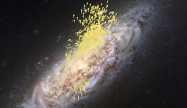 Oblique view of a spiral galaxy with very many little yellow arrows blasting through its center and on out.