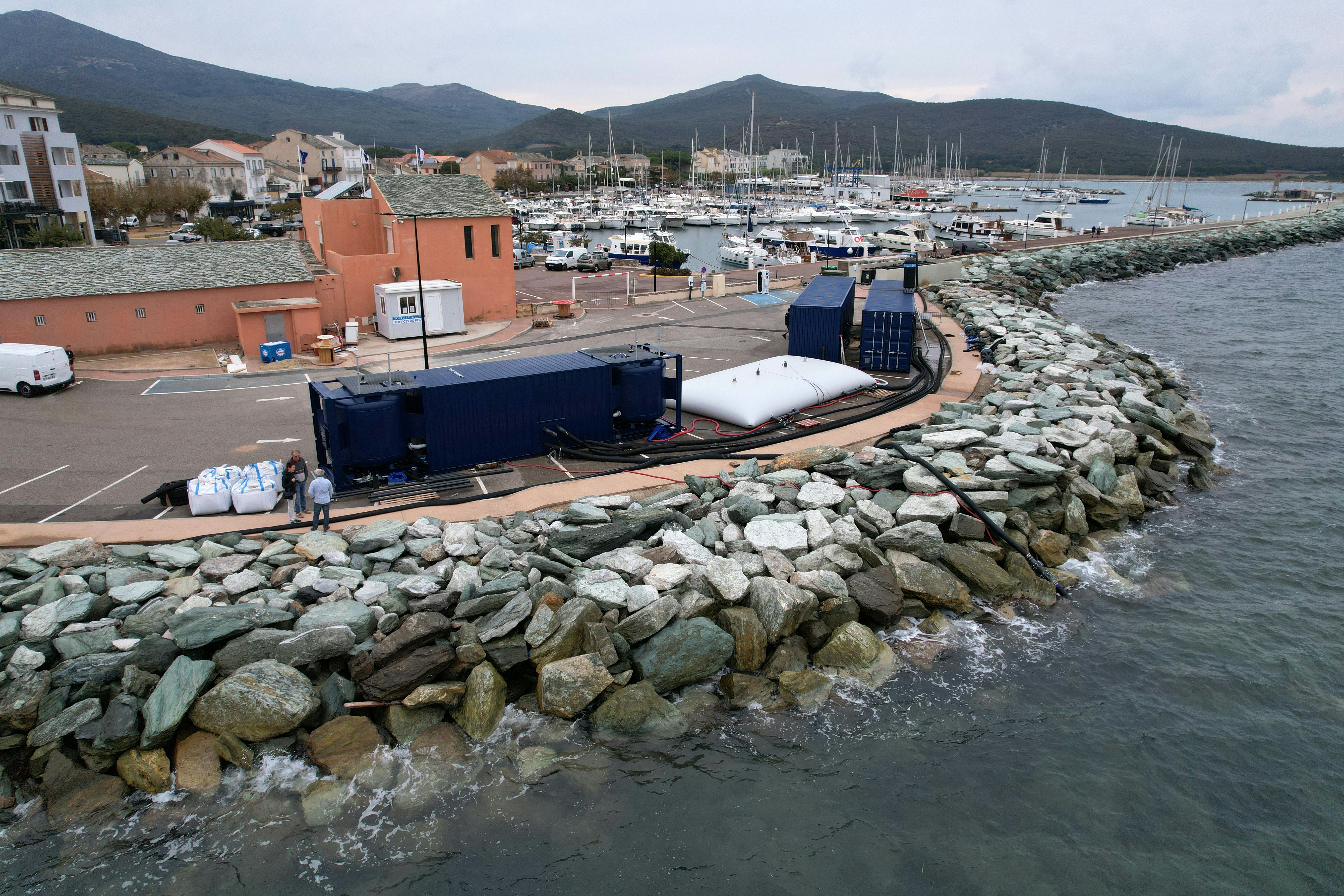 Aerial view shows a Nomado company desalination plant at Macinaggio Port in Rogliano on the French Mediterranean island of Corsica