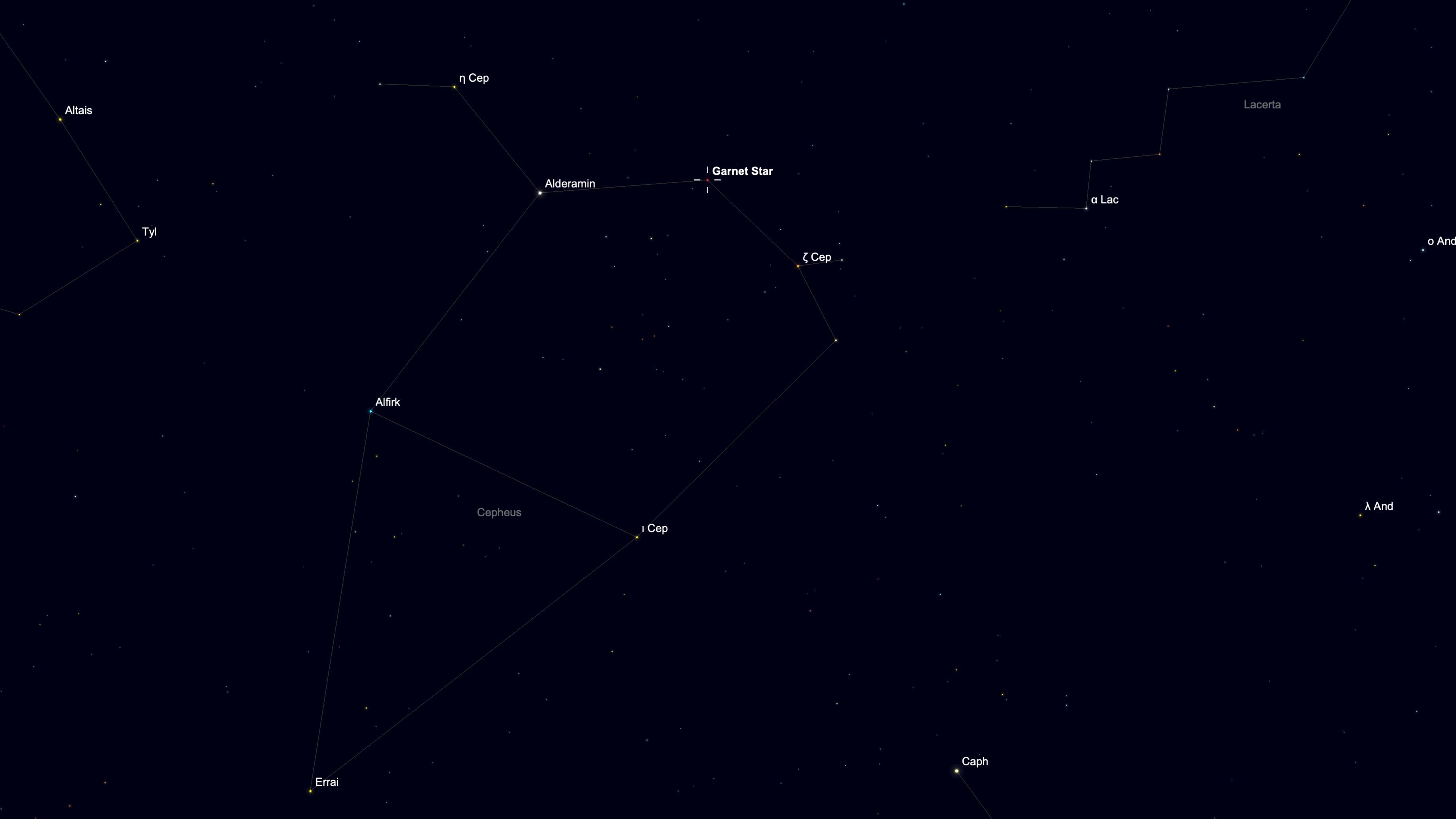 A starchart for Aug. 31 showing the location of Herschel's Garnet Star in the constellation Cepheus in a black simulated night sky.