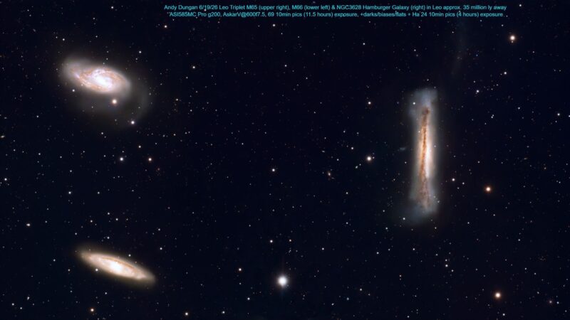 Three mid-sized whitish clouds, one irregular and two spiral, over a rich foreground of stars.