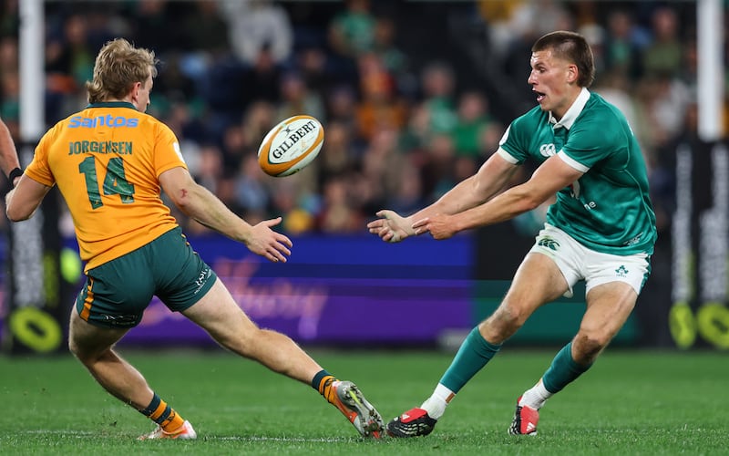 Ireland’s Sam Prendergast at the Allianz Stadium, Sydney, in the Nations Championship. Photograph: Ben Brady/INPHO