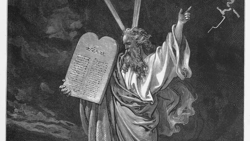 משה יורד מהר סיני עם לוחות הברית – מציורי התנ"ך של גוסטב דורה