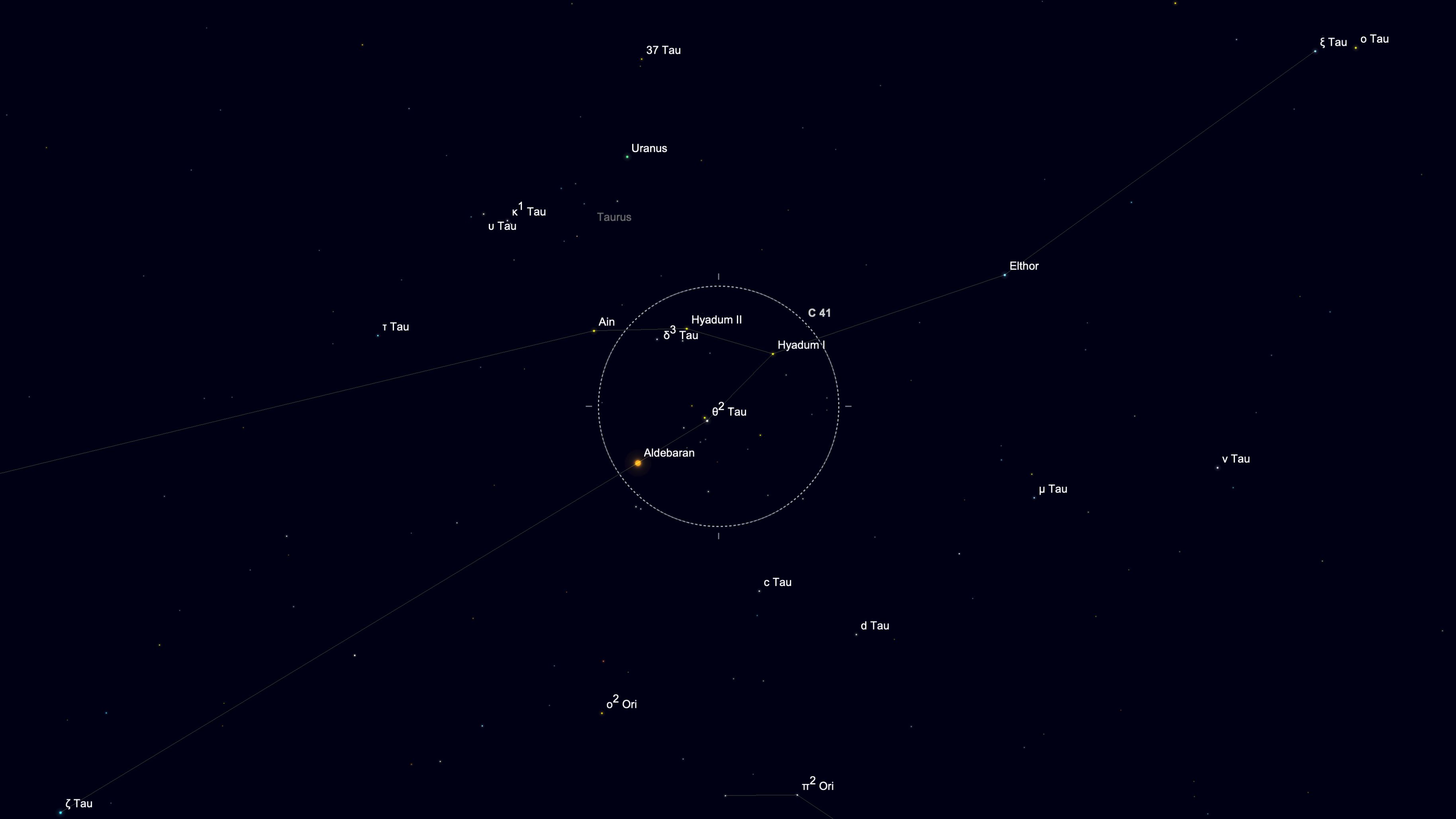 A starchart forAug. 25 showing the stars of the Hyades open star cluster surorunded by a shite dotted line in a black simulated night sky.