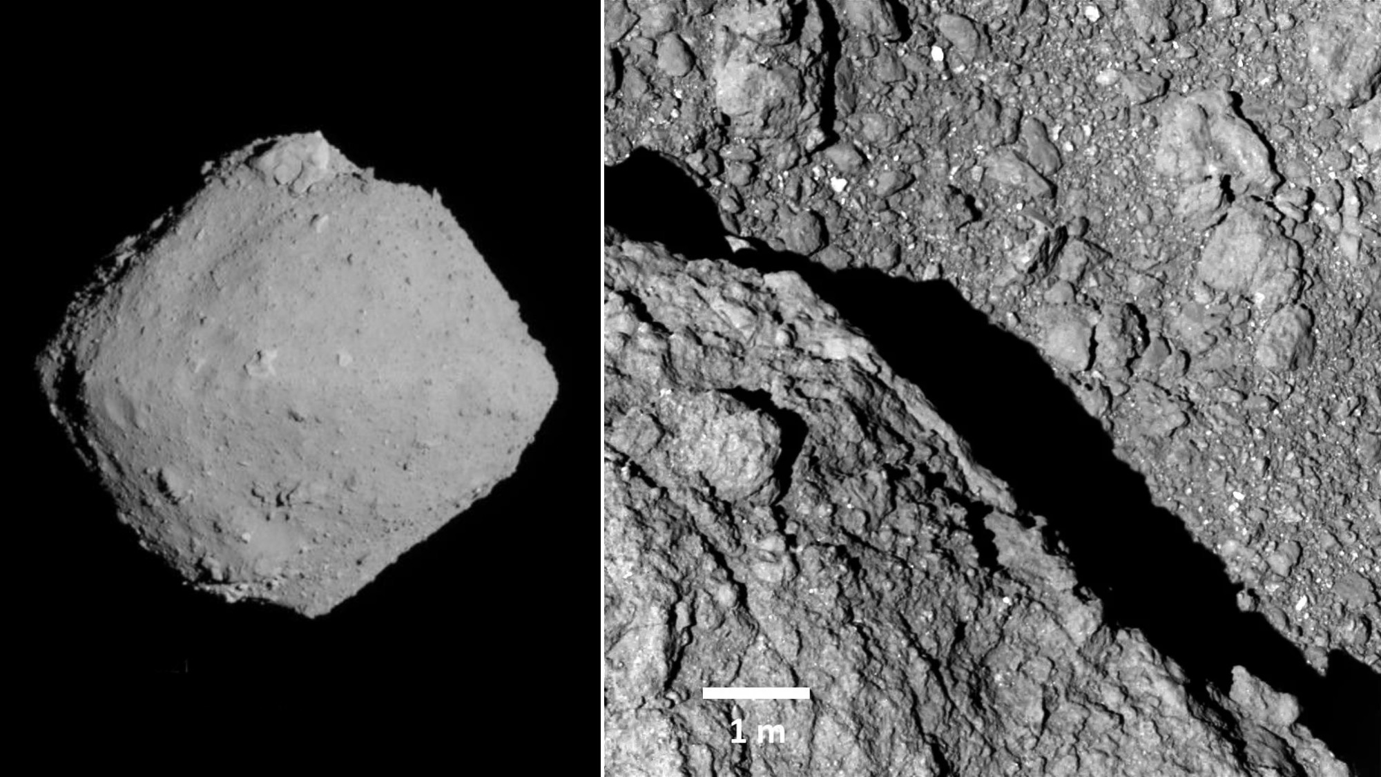 a two panel image of a grey, boulder-covered rock